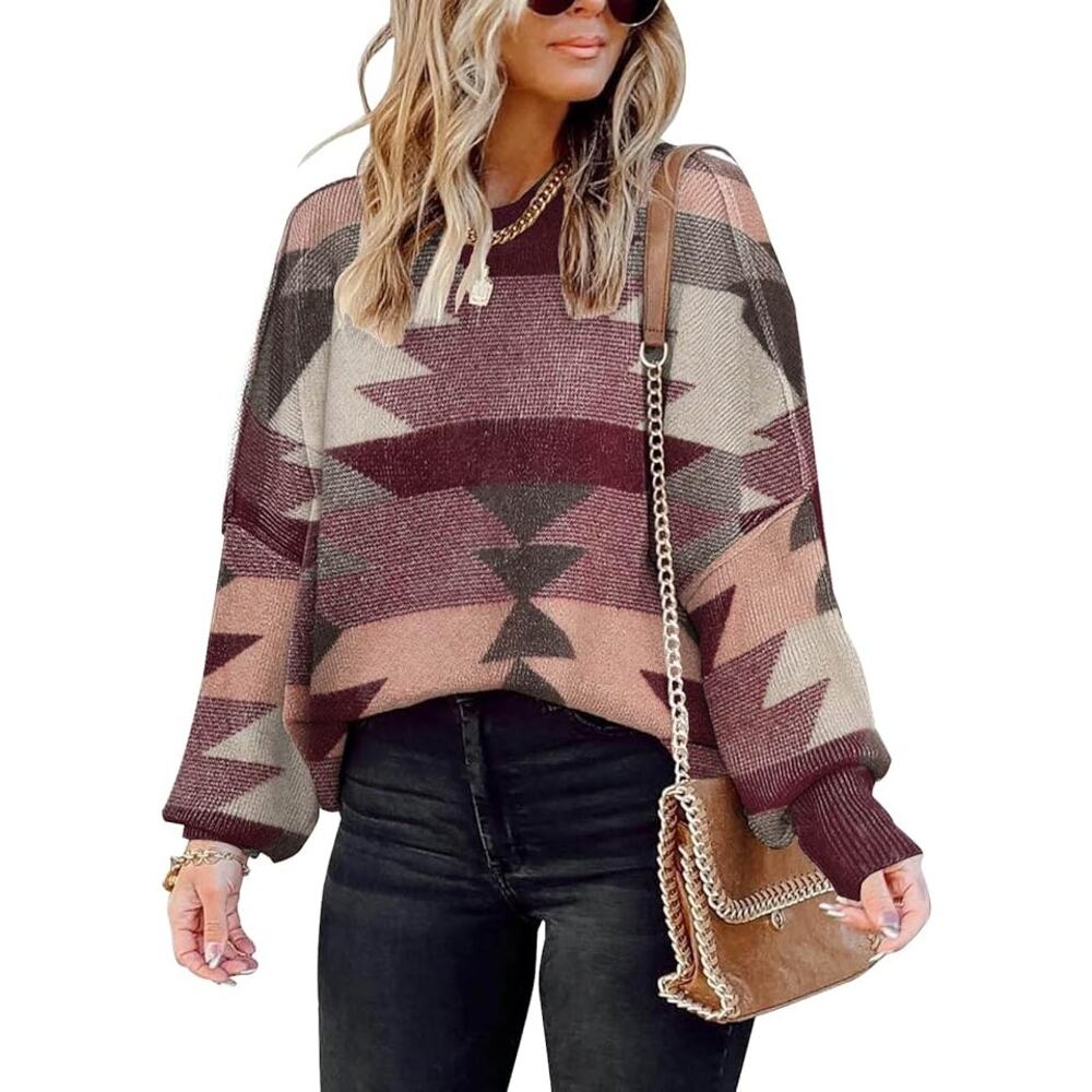 [Saukole] Red Pink Geometric Colorblock Oversized Crew Neck Sweater Size Small S
